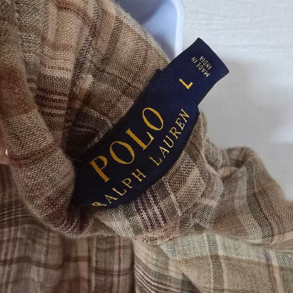 Polo Ralph Lauren Plaid Linen Shirt Mens L Brown Tan Button Down Long Sleeve L - Picture 4 of 5